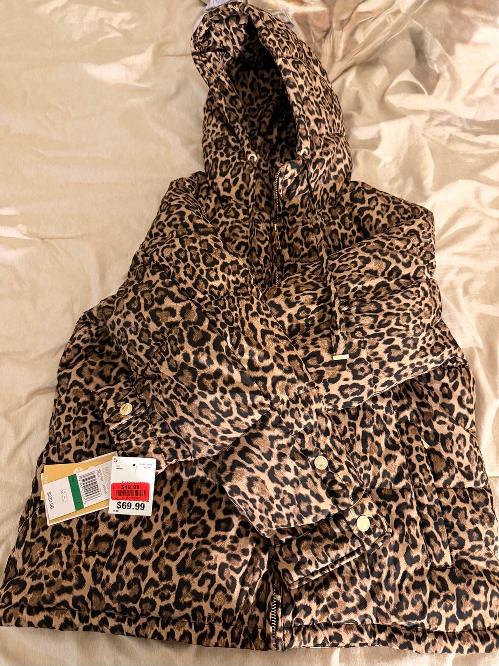 Michael Kors Leopard Print Hooded Puffer Jacket - Brown/Black